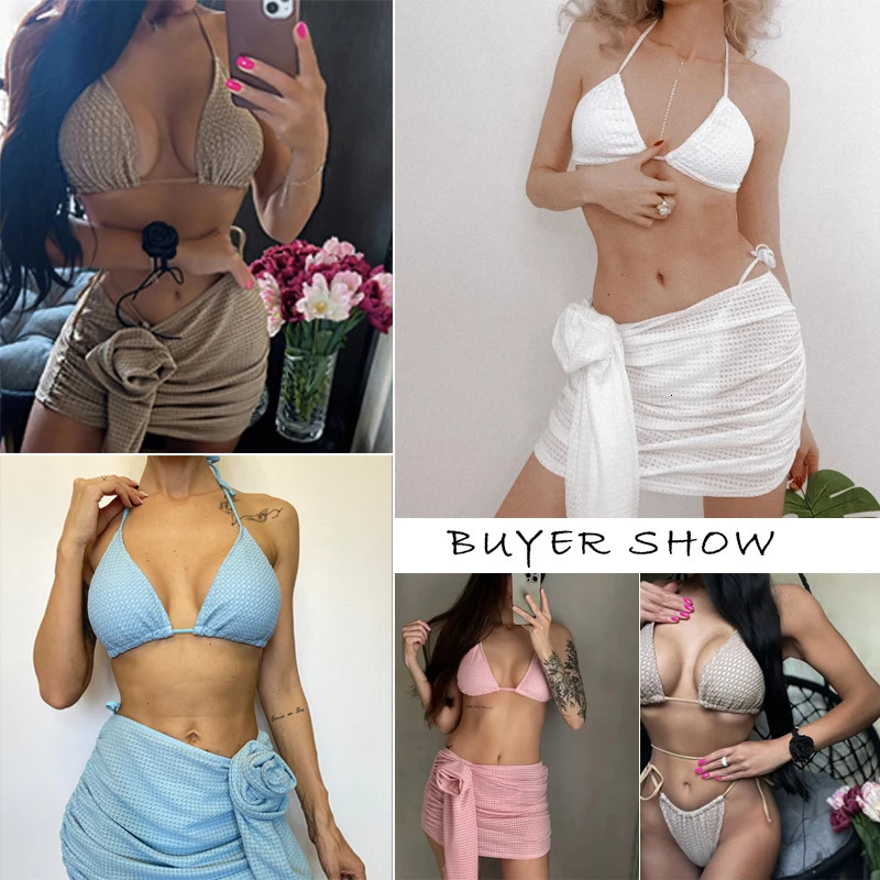 3Packs Bikini Swimsuit With Beach Skirt Swimwear Swimsuits Bathing Suits Sarongs Print Beachwear Biquini 250226