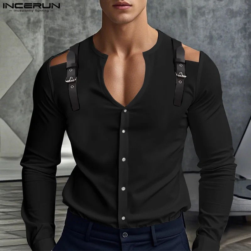 INCERUN Tops American Fashion Mens Leather Buckle Collarless Hollow Shirt Sexy Casual Solid Long Sleeve Shirt S-5XL 250222