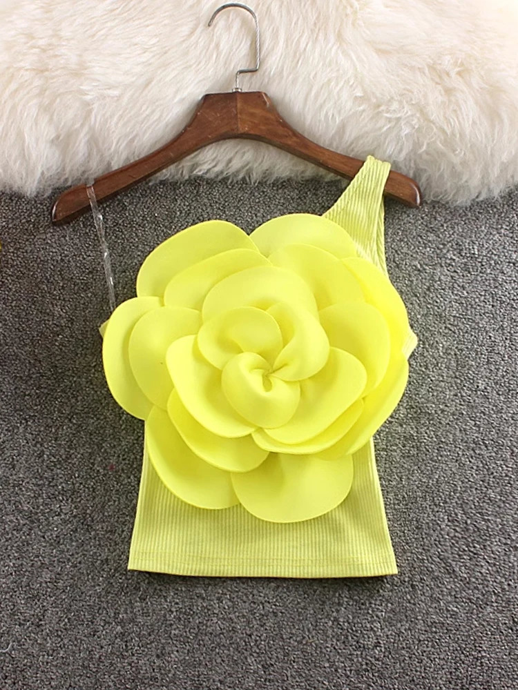XFPV Womens Sweet 3D Flower Oblique Collar One Shoulder Camisole Slim Open Back Top Y2k Korean Fashion Summer 2025 SM11024 250226