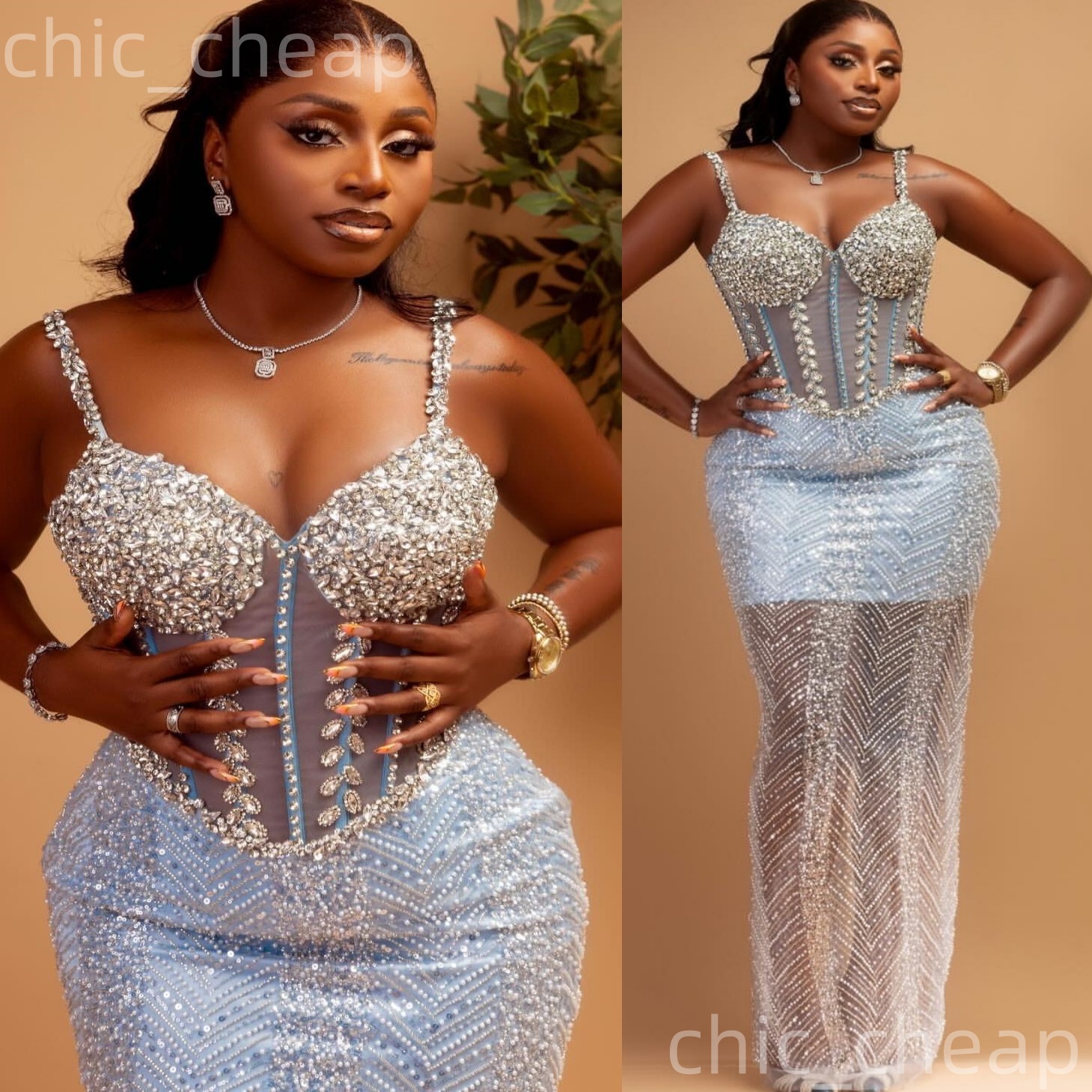 Light Sky Blue Sheath Prom Dresses 2025 Crystals Beaded Sequined Evening Formal Party Second Birthday Engagement Gowns Plus Size Dress For Special Occ