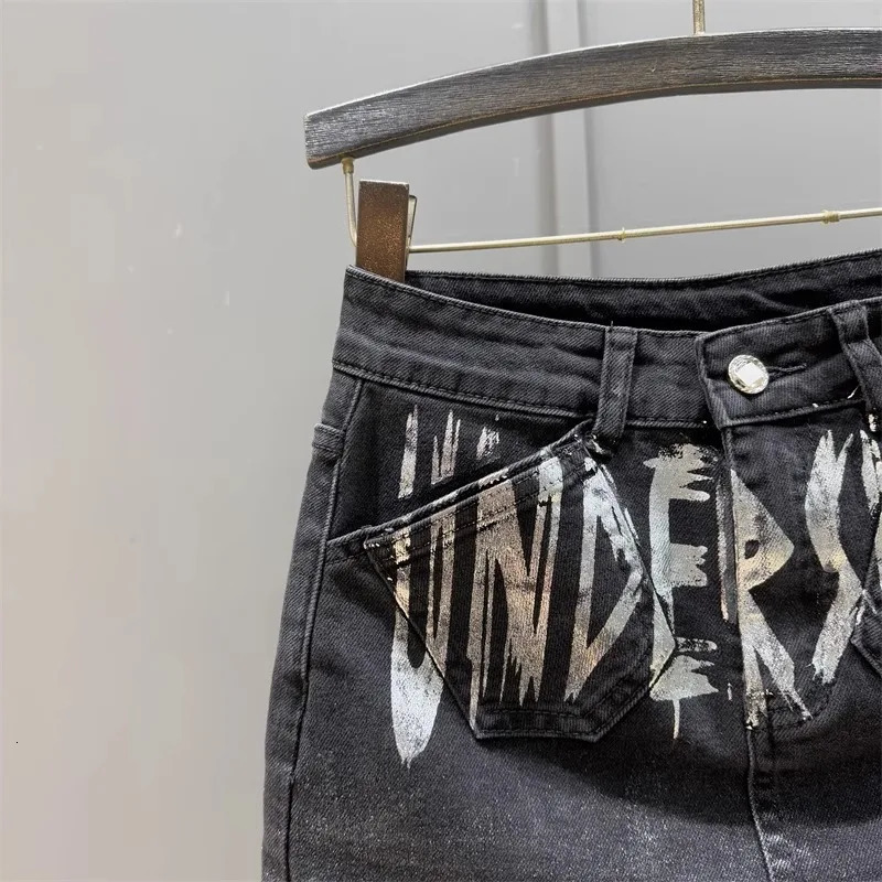 DEAT Womens Denim Skirt Letter Printed Coated A-line High Waist Slim Wrap Hips Mini Skirts Spring 2025 Fashion 29L9631 250226