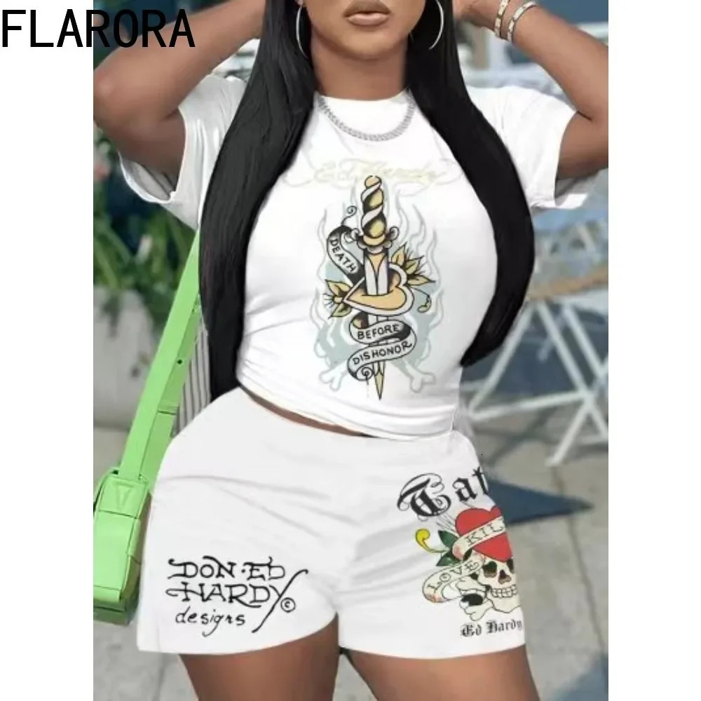 FLARORA Fashion Printing Womens Two Pieces Set Shorts Sleeve Tops And Bike Shorts Tracksuits Sets Y2k Streetwear Female Outfits 250226