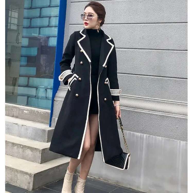 White Woolen Women Mid-Length Autumn/Winter Jacket British Hepburn Thicken Slim Black Double-Breasted Trench Coat