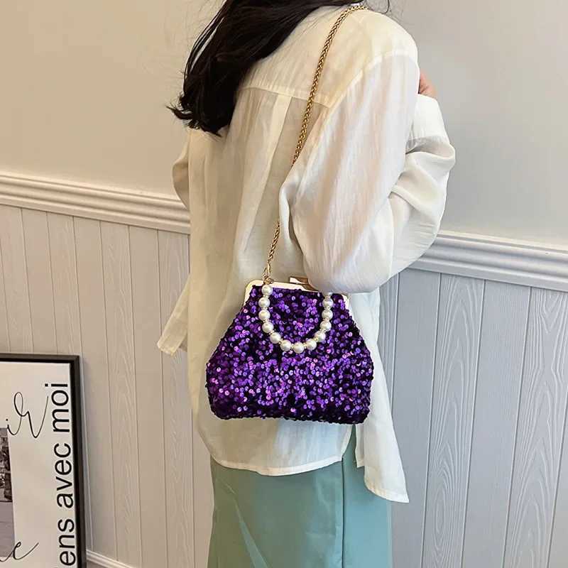 New Arrival Vintage Rose red Silver Purple Sequin Evening Bags Pearl Chain Handbag For Women Wedding Party Chain Shoulder Bags Small Clutch T250227