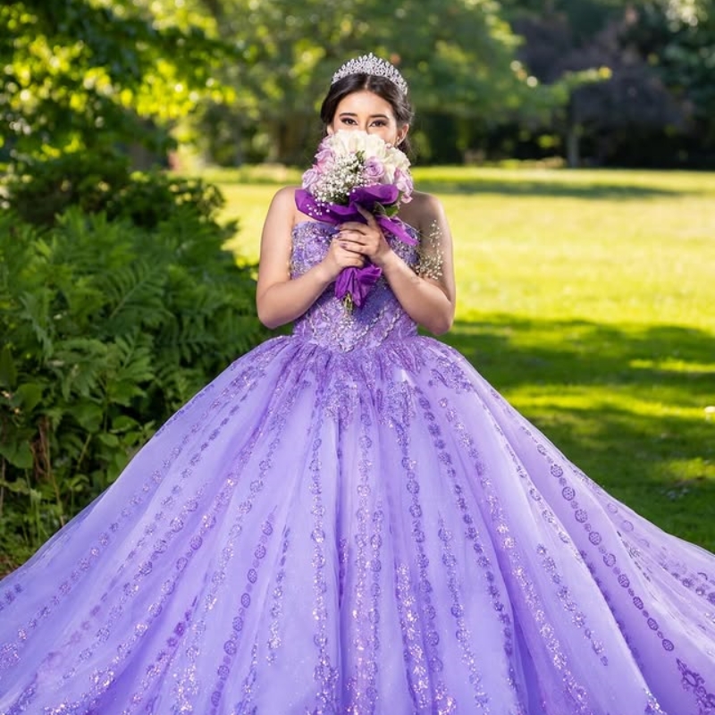 Lavender Shiny Quinceanera Dresses Ball Gown Off Shoulder Sequin Applique Lace Beads Tull Corset Sweet 16 Dress Vestidos 15 De Anos