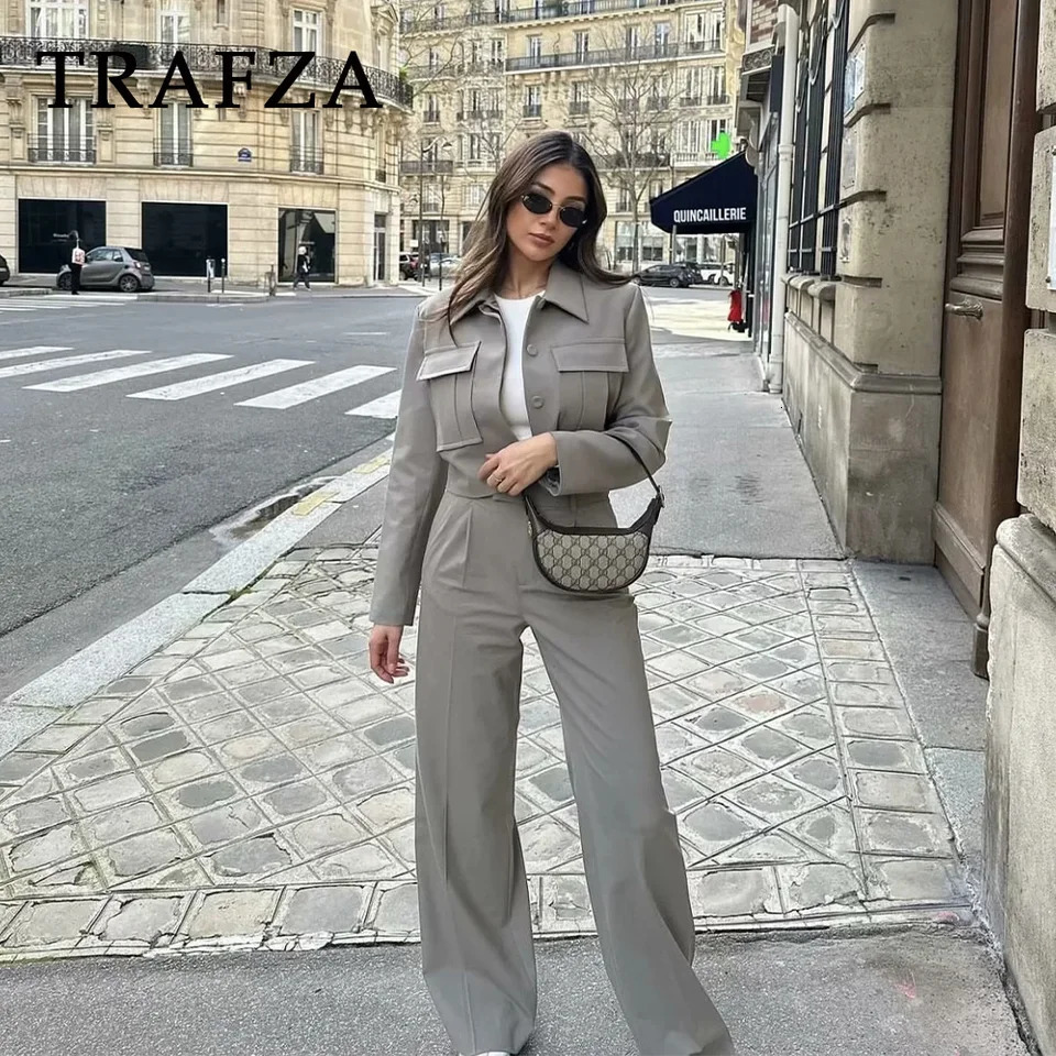 TRAFZA Spring Summer Casual Women Solid Suits Fashion Streetwear Pockets Turndown Collar Short JacketsChic Wide leg pants 250226