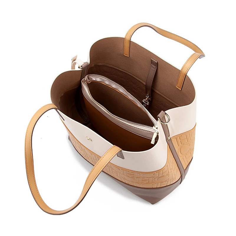 Ship from US CH Versatile Trend Tote Bag Leather Solid Color Splicing Large Capacity Crossbody Simple Fresh Style Commuting Shoulder 250227FBB