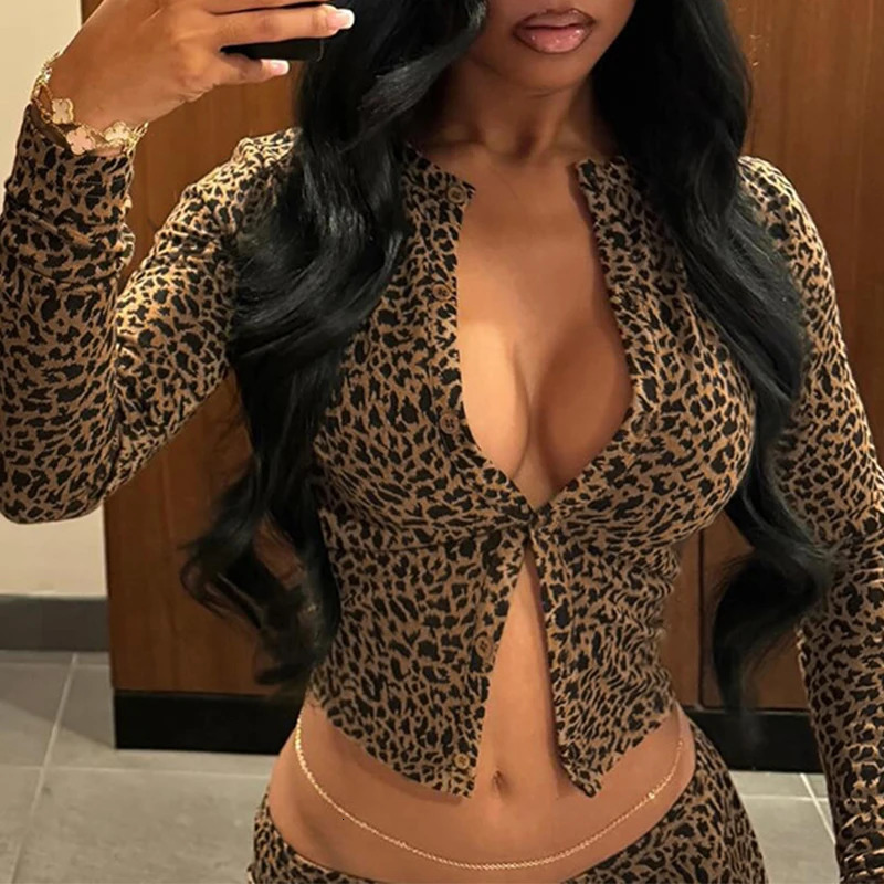 OMSJ 2025 Autumn Leopard Printing Long Sleeve Cardigan TopSkinny Legging Club Party Fashion Two Pieces Sets Trendy Tracksuits 250226