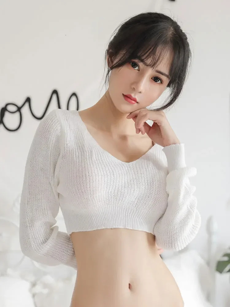 Sexy Low Cut Women Knitwear Korean Pullovers Short Crop Tops Long Sleeve Sweater Fashion Woman Clothing 250225