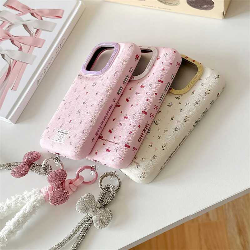 Korean Cute Flower Cherry Case for iPhone 16 Pro 13 14 15 Pro Max Phone Cover with Bow Hand Strap Protective Case for Girls Z250227
