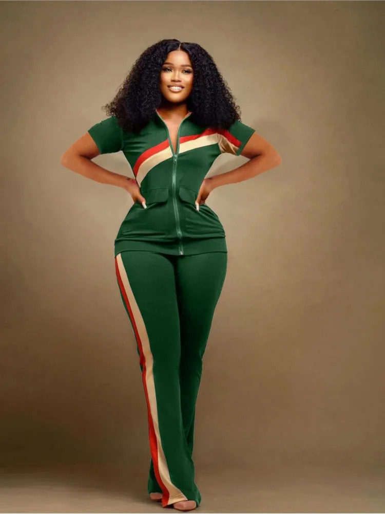 Womens Sports Leisure Set Spring Summer V-neck Zipper Short Sleeve Top Stripe Print Pant Fashion Pocket Womens Two Piece Set 250226