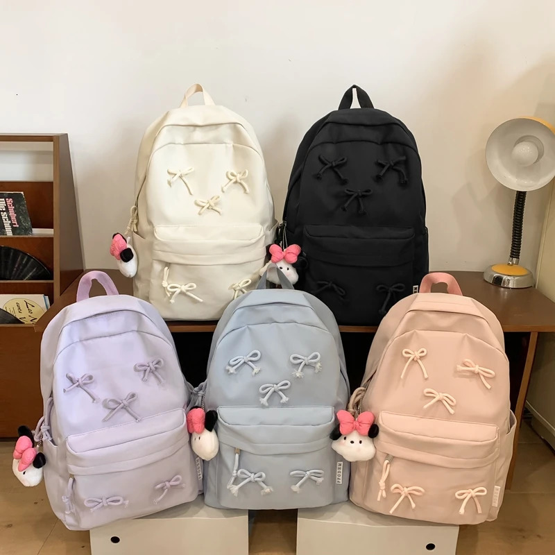 Ship from US Fashion Bow Backpack Laptop Rucksack Large Capacity Students Bookbags Solid Color Stylish Daypack Multipockets Travel 250227FBB