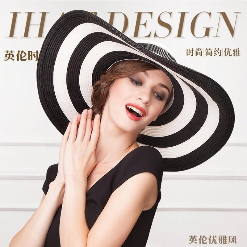 Straw Hat Female Summer Beach Large Edge Korean Version Straw Hat Foldable Black and White Striped Sun Hat Sun Visor Panama Cap 250218
