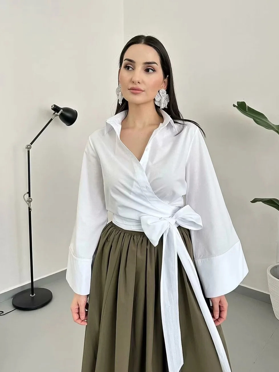 Long Sleeve Kimono Blouses With Bow Tie Black Casual Polo Neck Blouse Woman Front Button Up Double Breasted Poplin Shirts White 250226