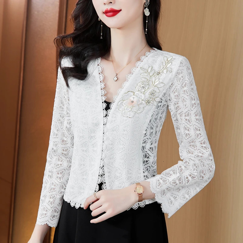 Spring Summer Long Sleeved Womens Fashionable Lace Jacket Elegant Slim Hollow Out Coats 250227