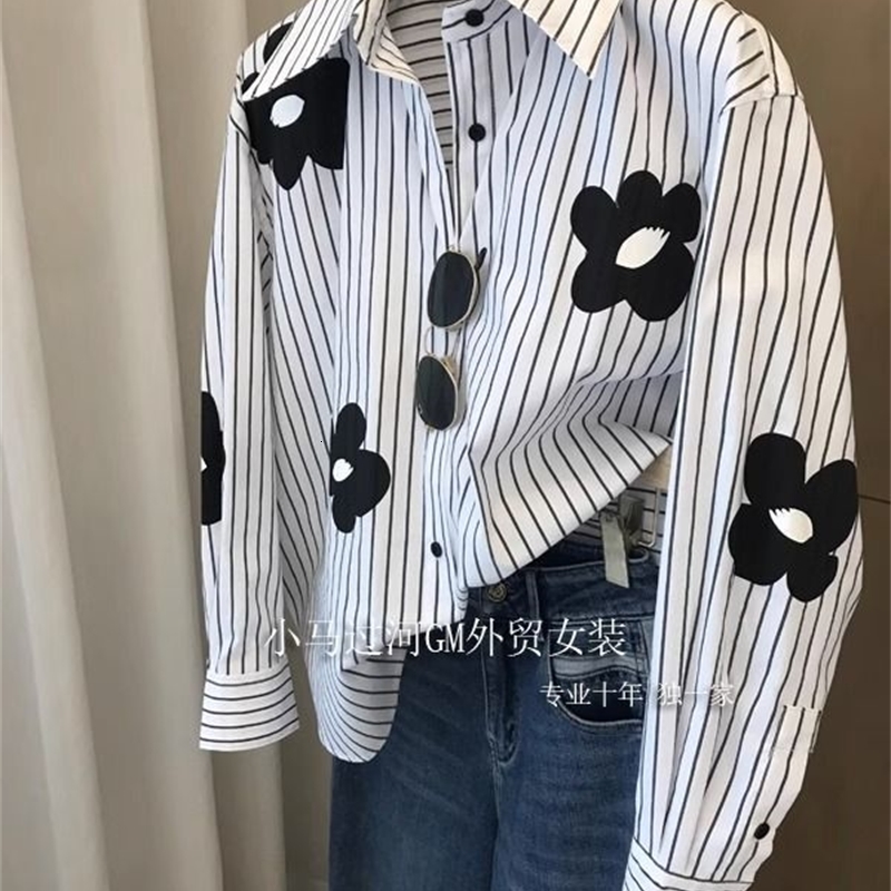Spring Long Sleeve Loose Printing Patchwork Blouse Polo Neck All-match Youth Vintage Shirt Tops Fashion Casual Women Clothes 250226