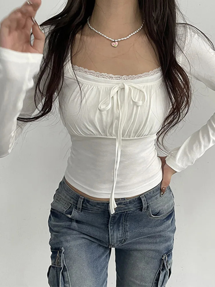 Bandage Folds Square Collar Crop Top Women Fairycore y2k White T Shirts Basic Knitted Elegant Tees Vintage 2000s Clothing 250227