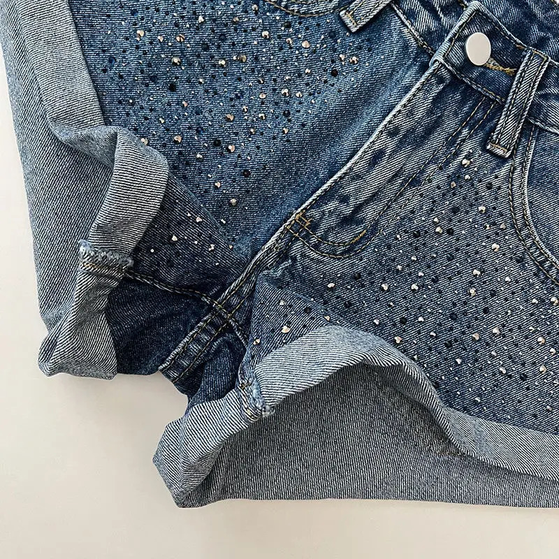 25 Retro Womens Shorts n Diamond High Waist Slim Denim Shorts Curled Wide Leg Pants for Women Ropa De Mujer 250226