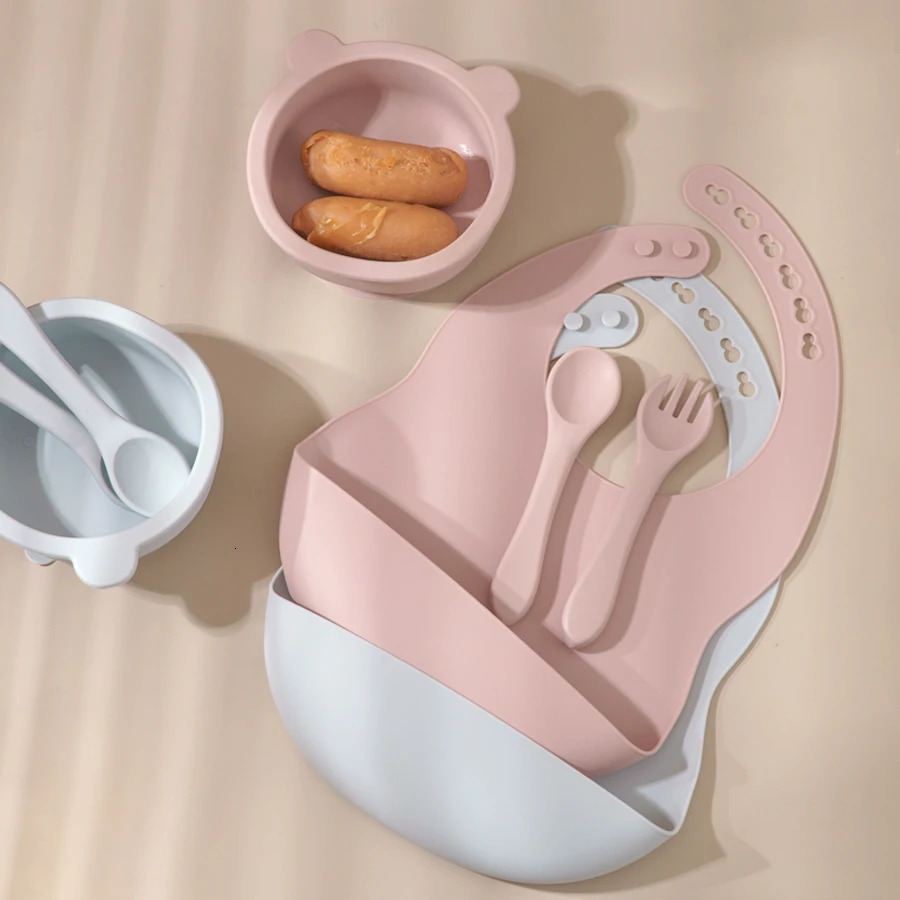 Mamaplan Baby Silicone Feeding Dishes Plate Sucker Bowl Waterproof Bib Solid Color Spoon Fork Childrens Tableware Baby Stuff 250227