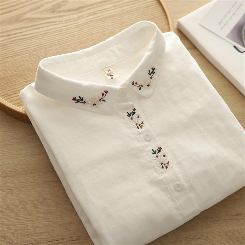 Autumn Women Double-layer Cotton Yarn Shirts Full Sleeve Embroidery Flower Loose Casual Soft Blouse Office Ladies Tops 250226