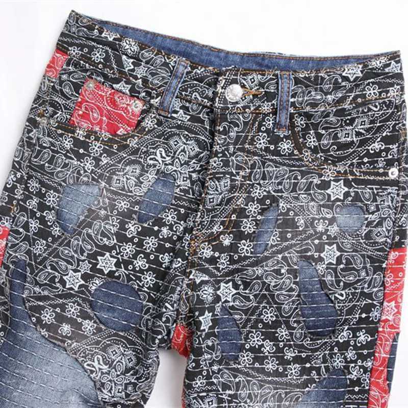 High Street Fashion Denim Jeans Printed Party Blue Splicing Color Blocked Non Stretch Straight Leg Male Trousers X250227