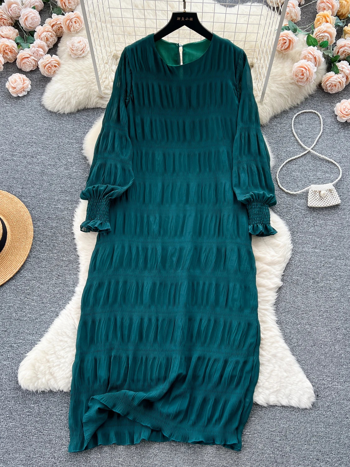 Autumn Vintage Women Draped Loose Midi Dress Elegant Round Collar Puff Long Sleeve Dress Casual Yellow/Burgundy/Green Dress 250226