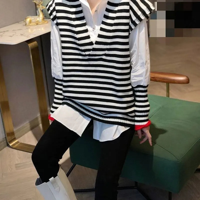 Female Casual Striped Patchwork Blouse Fashion V-Neck Knitted Vest Two Piece Set Korean Loose Single-breasted Polo-Neck Shirt 250226