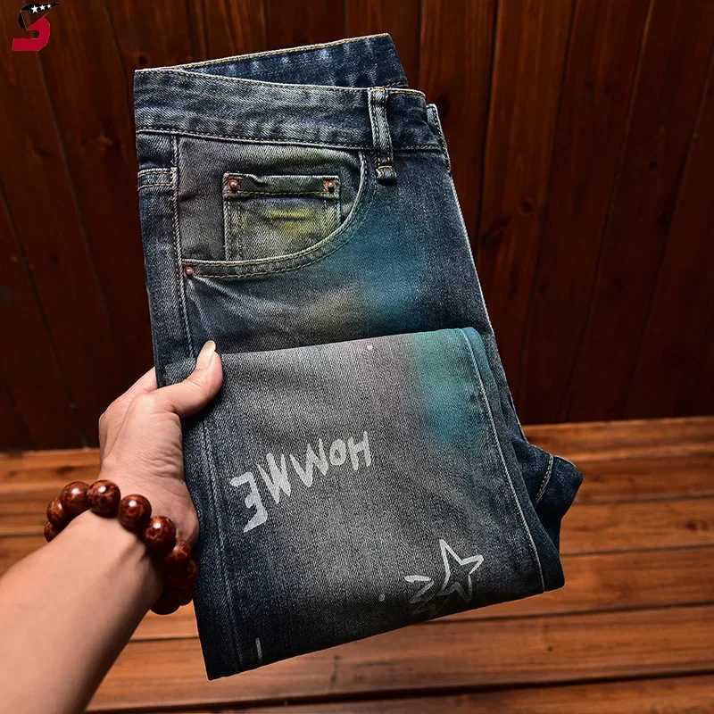Trendy High-End Mens Jeans With American Style Slim Fit Printed Pattern Casual Fall Winter Trousers Small Size Stretchable X250227