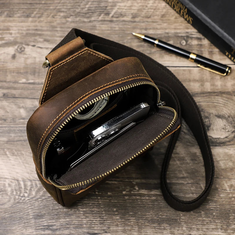 Ship from US Genuine Leather Men Chest Bag Small Crossbody Fanny Pack Casual Travel Sling Shoulder Messenger Mini Handbag Male 250227FBB