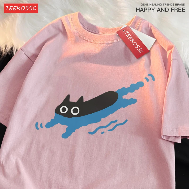 Couple Tees Swimming Black Cat Diving Shoulder Short Sleeved T-shirt For Men Women Breathable Casual Pure Cotton Loose Tops 250226