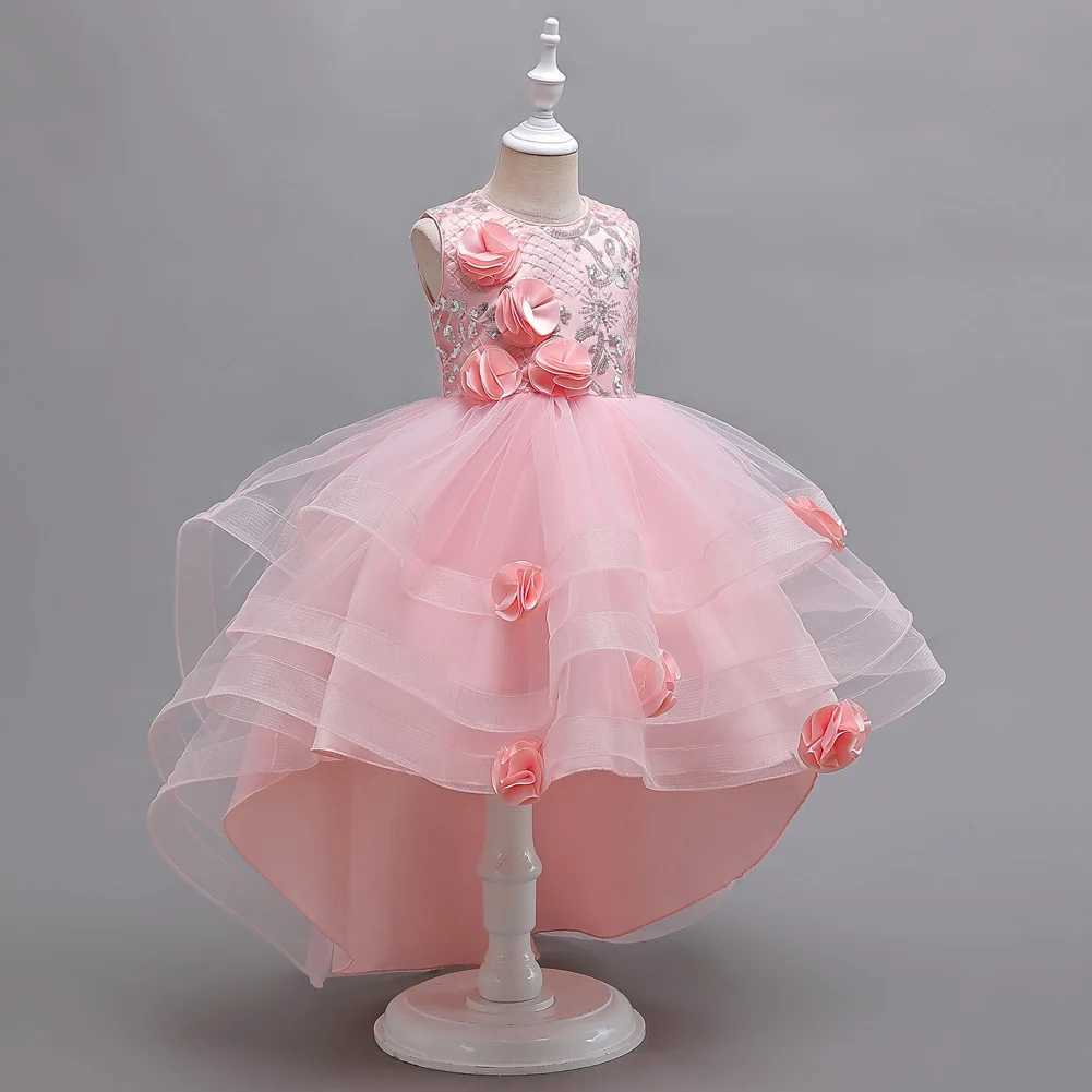 Girl's Dresses Pink Flower Girl Princess Tail Dress for 3 to 12 Year KID Birthday Party Dresses Y250227TPLH