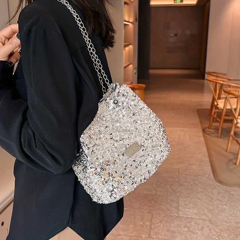 Womens sequin bucket bag Fi chain cross body bag shiny dry wallet shoulder bagXJ250227
