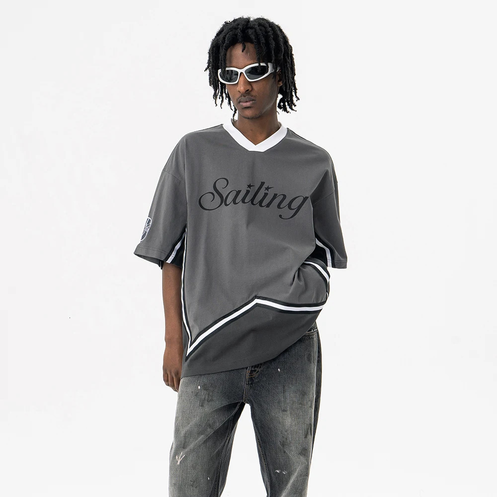 Superway Original Letter Printed T-Shirt Mens Patchwork Cotton Short Sleeves V-Neck Tees High Street American Style Tops 250225