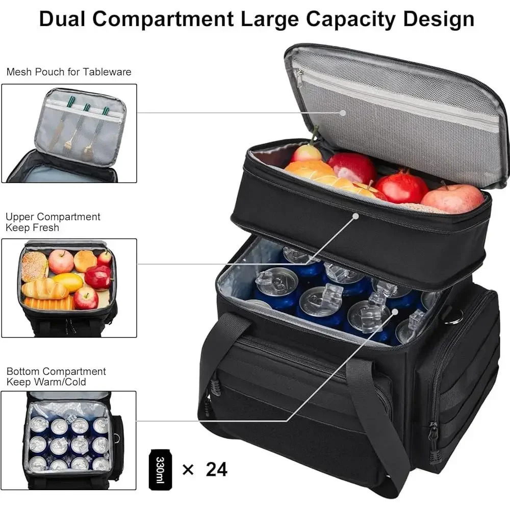 Ship from US Tactical Insulated Lunch Box Leakproof Waterproof Cooler Bag Thermal Lunchbag with Dual Compartment Adjustable Strap Work Office 250227FB