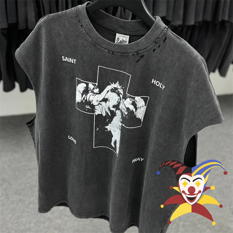 Hole Vintage HOLY LOVE PRAY Sleeveless TShirts Quality Casual Washed T Shirt Tee Tops 250226