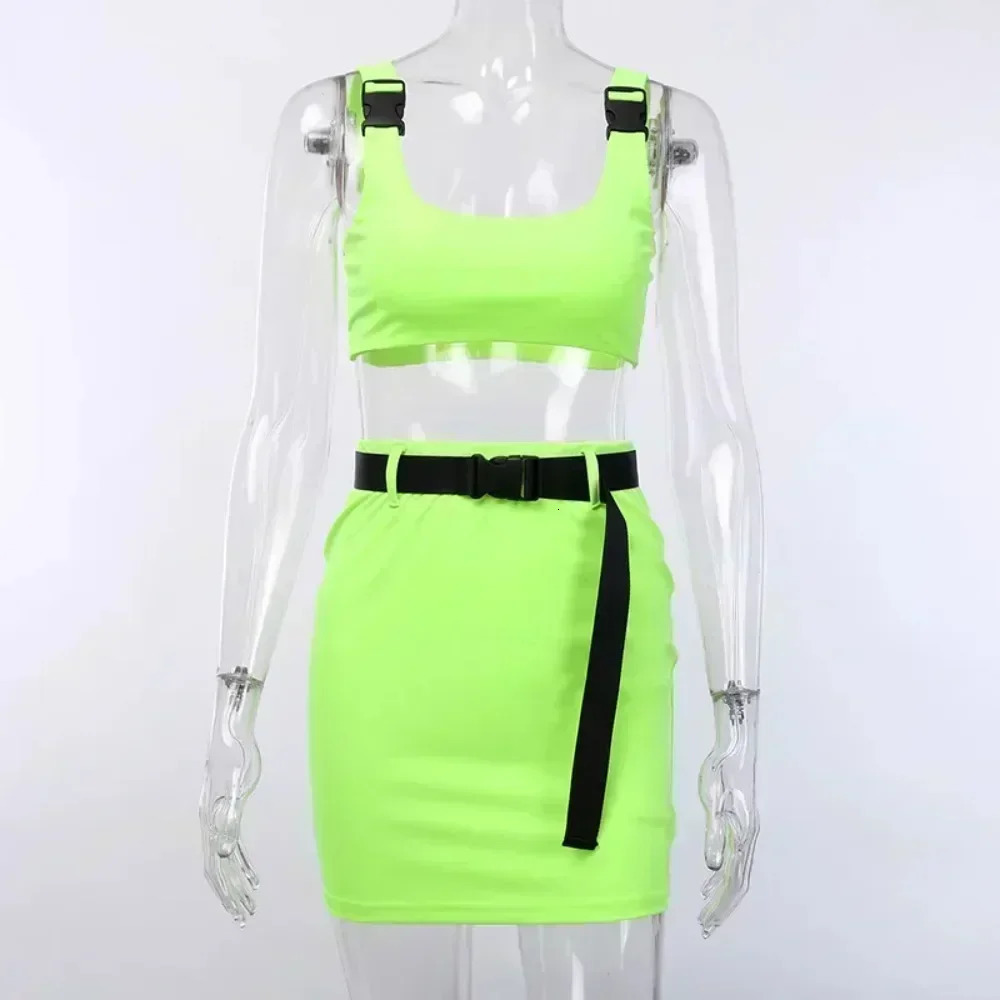 Women Sexy Fluorescent 2 Piece Skirt Set Streetwear Tank Crop Top Bandage Buckle Bodycon Mini Skirt Neon Blue Pink Outfits 250226