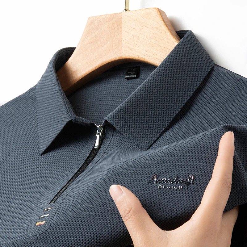 High End Summer Embroidered Ice Silk Zippered polo shirt Trend Casual Seamless Breathable Lapel Mens Clothing 250225