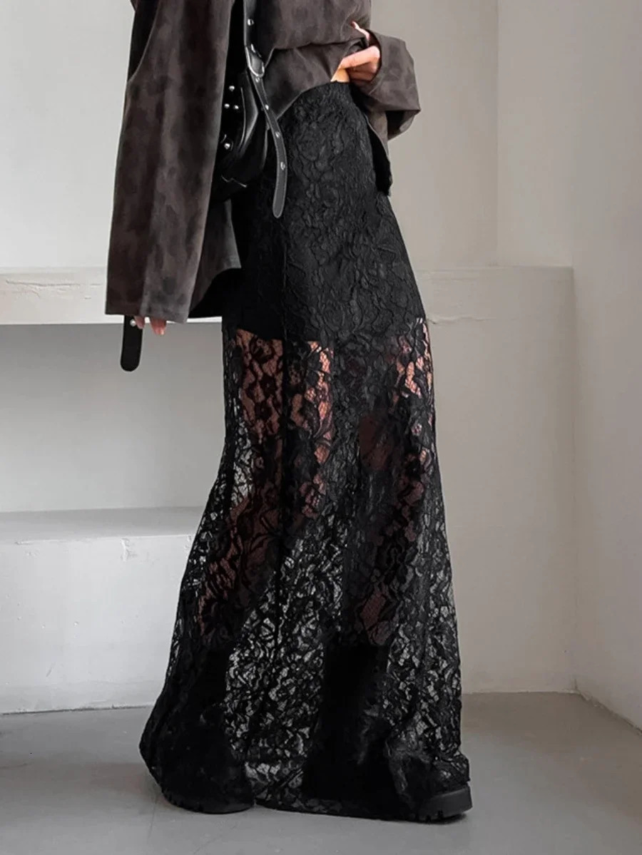 Wolfeel Womens Half Length Skirt Summer Retro Fashionable And Versatile Lace Skirt Slim Fit Sexy Black Stulish Long Skirts 250224