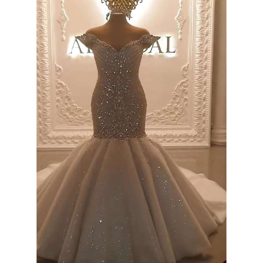 Add to Wish List O Mermaid Dresses, V-neck, Off Shoulder Design, Beads, Crystal Appliques, Custom Wedding Dress, Court Dress