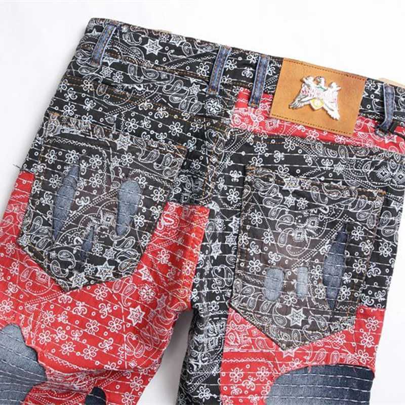 High Street Fashion Denim Jeans Printed Party Blue Splicing Color Blocked Non Stretch Straight Leg Male Trousers X250227
