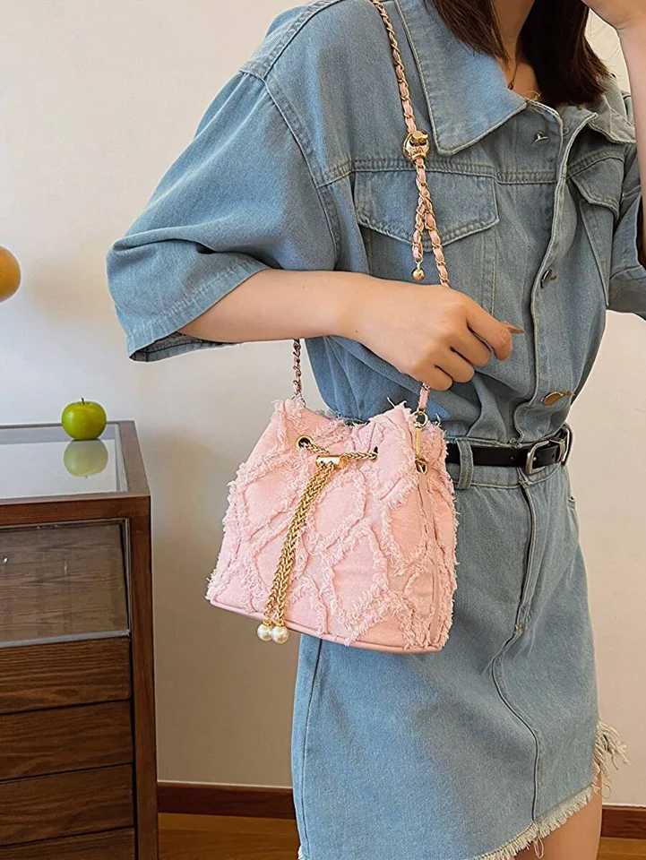 Womens solid color plaid vintage denim crossbody bag pull rope open and close suitable for womens daily travel-llXJ250227