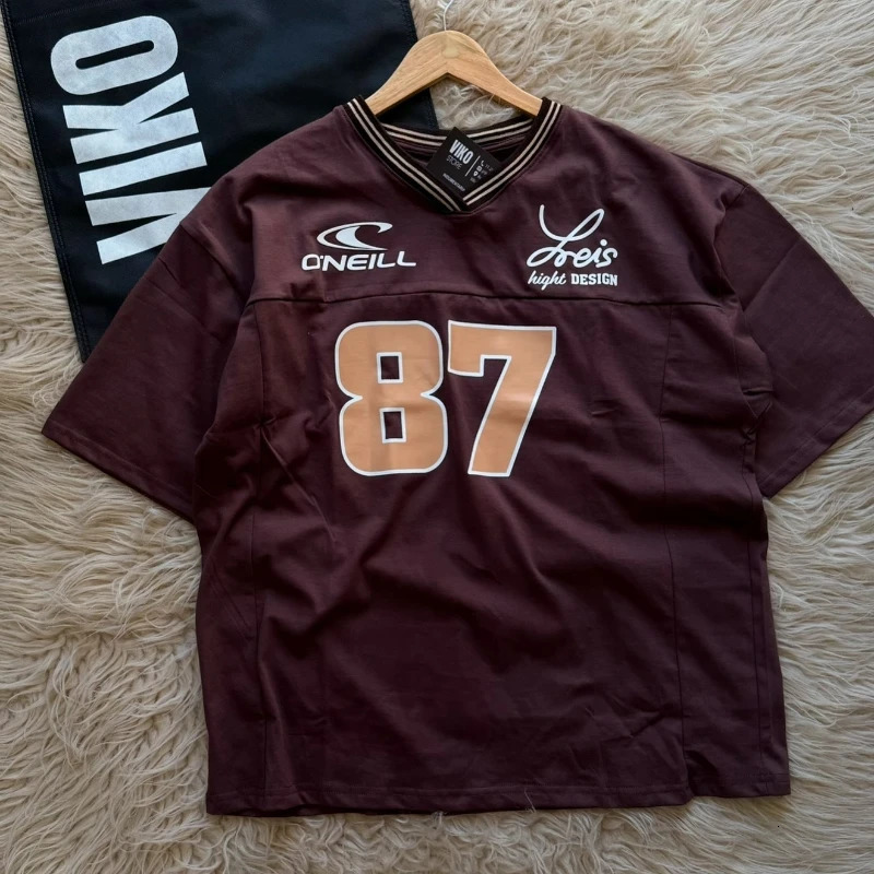 Y2K Vintage Shirt Ribbed V-neck digital Pattern Short Sleeve Streetwear Men Women Trend Clean Unisex Oversize clothing 250225