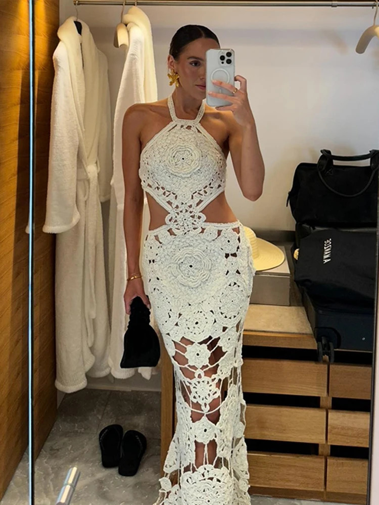 Fashion Hollow Out Halter Maxi Dress For Women 2024 Sexy Sleeveless Backless Long Dress Holiday Hook Flower Knitted Beach Robe 250226
