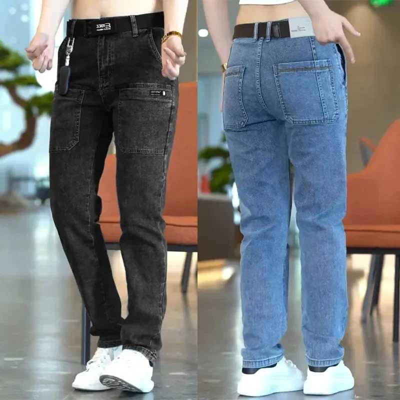 Mens cargo pants ultra-thin elastic jeans with multiple pockets fashionable streetwear designer slim mens denim Trouser brand clothing blue and black 