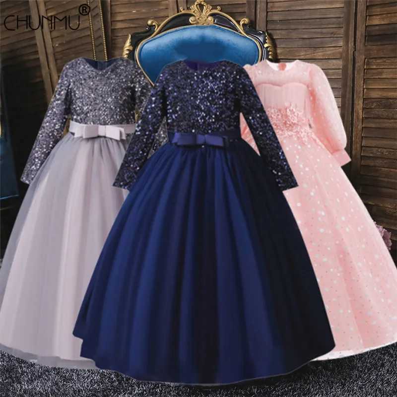 Girl's Dresses Sequins Flower Childrens Wedding Party Long Dress Elegant Girl Babys Birthday Party Feast Lace Embroidery Long Sleeve Dress Y25022