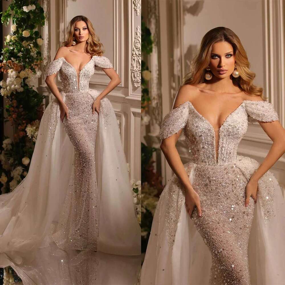 Glamorous Mermaid Wedding V-neckline Off Shoulder Sequins Beaded with Tulle Chapel Dress Custom Made Bridal Dresses
