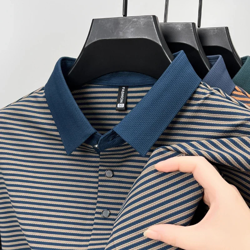 High-end Quality Mens Seamless Polo Shirt Lapel Stripe Ice Silk Long-sleeve T-shirt Fashion Street Exquisite Autumn Menswear 250225