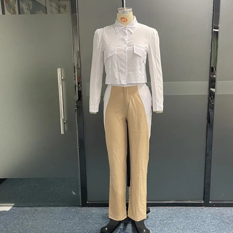 Wefads womens twopiece summer fashion office solid shirt button lapel patch work long sleeved top pocket streetwear 250226
