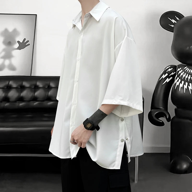 Summer Short Sleeved Shirt Men Oversized Social Mens Black Dress Shirt Korean Loose Casual Ice Silk Shirt Mens White Shirts 250224