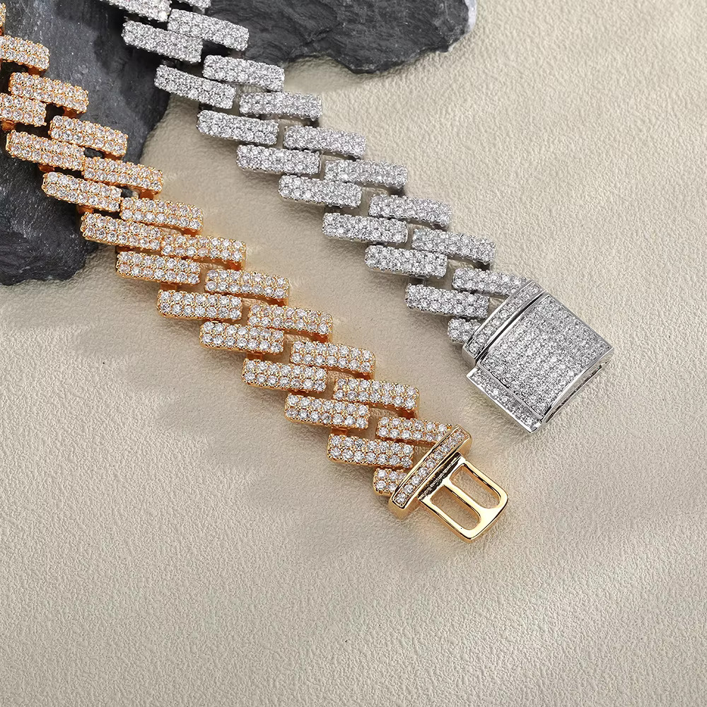 European American Fashion 18mm Copper Gold-Plated Zircon Miami Cuban Chain Necklace 2 Rows k Number Shape Alloy Moissanite